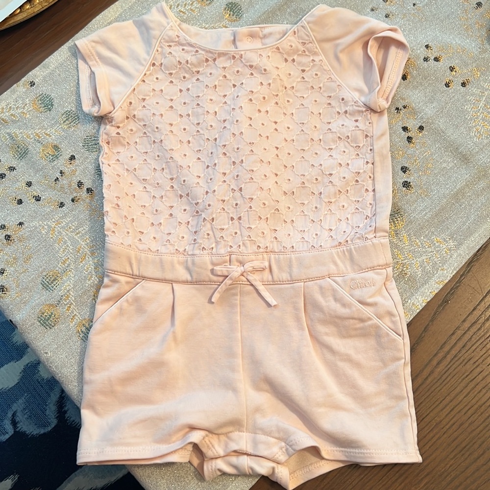 Chloe Pale Pink SS Eyelet Romper sz12M
